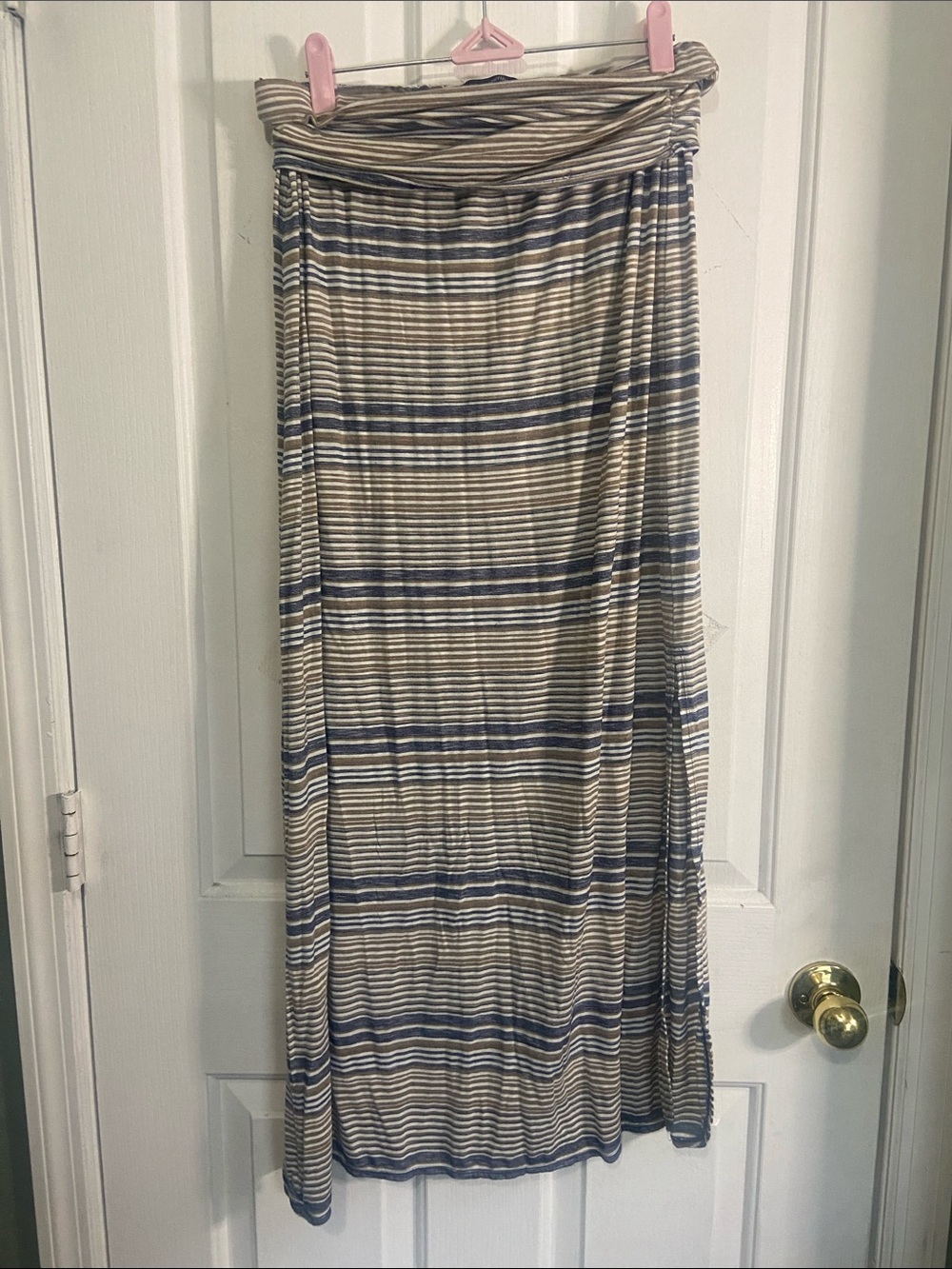Max Edition Beige and Blue Striped Fold-Over Waist Maxi Skirt